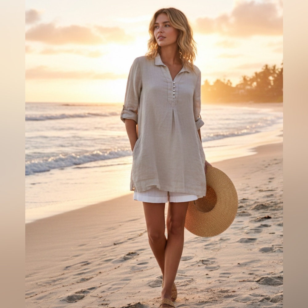 J. Jill Linen Button Front Long Sleeve Tunic Shirt SZ L Boho Lagenlook Coastal